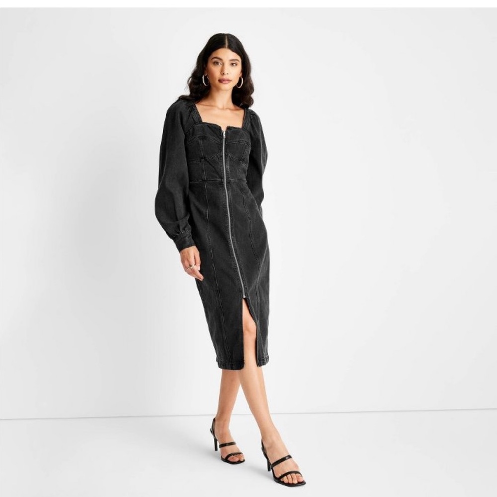 Future Collective™ with Kahlana Barfield Brown Zip-Front Denim A-Line Dress